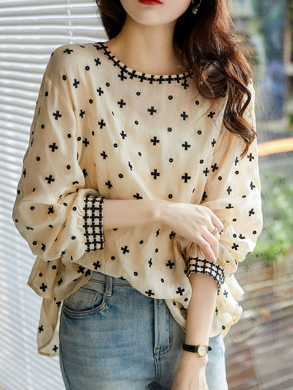 Top à col rond à manches bouffantes brodé Alexa Classic - Beige
