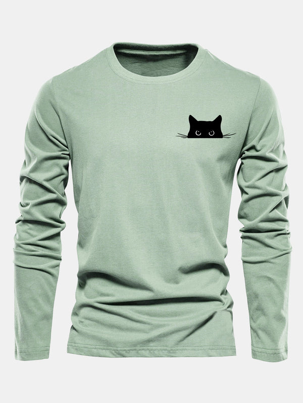 T-shirt Noir en Coton avec Imprimé de Chat à Manches Longues
