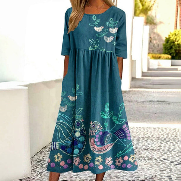 Robe Vintage Avec Imprimé Oiseau