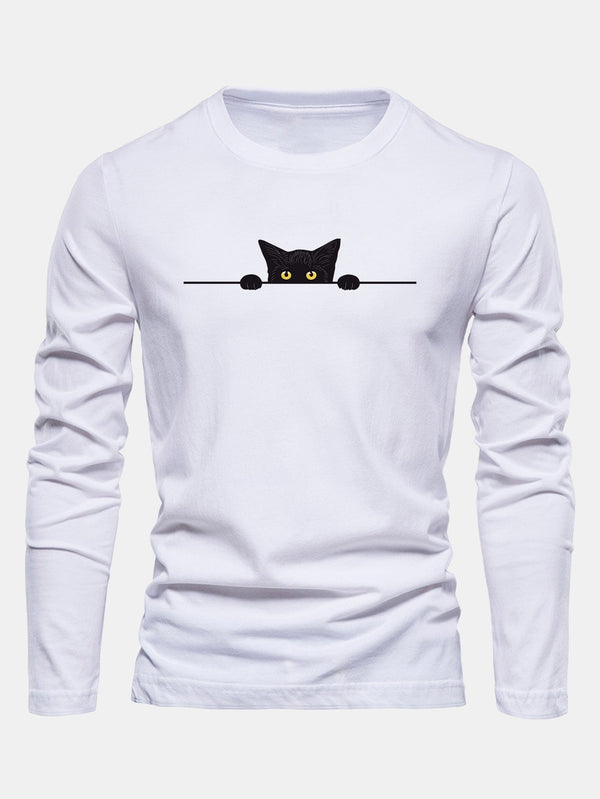 T-shirt noir à manches longues en coton avec motif de chat