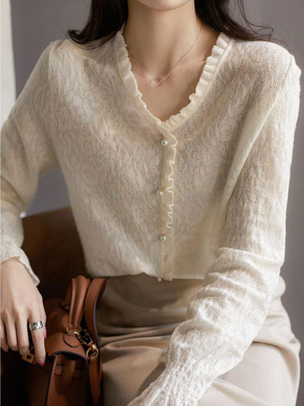 Top en maille jacquard à lacets auriculaires rétro Anna avec décolleté en V