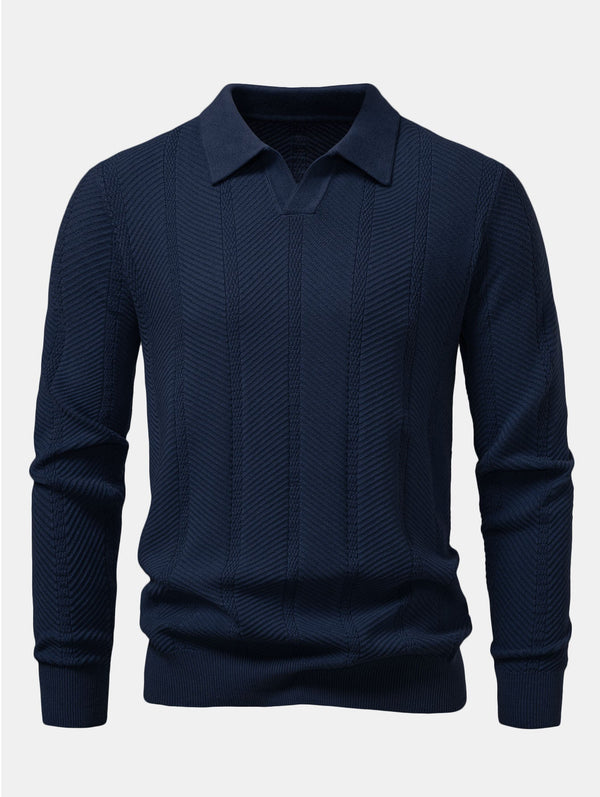 Long Sleeve Stripe V Neck Knit Polo Shirt