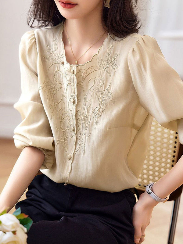 Chemise à manches lanternes brodée élégante Jocelyn - Kaki