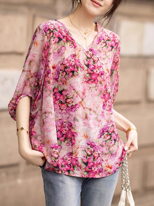 Ariana Top en Chiffon Floral à Col V Ample