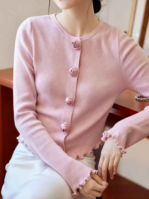 Cardigan tricoté à col rond et manches auriculaires Bella Élégant