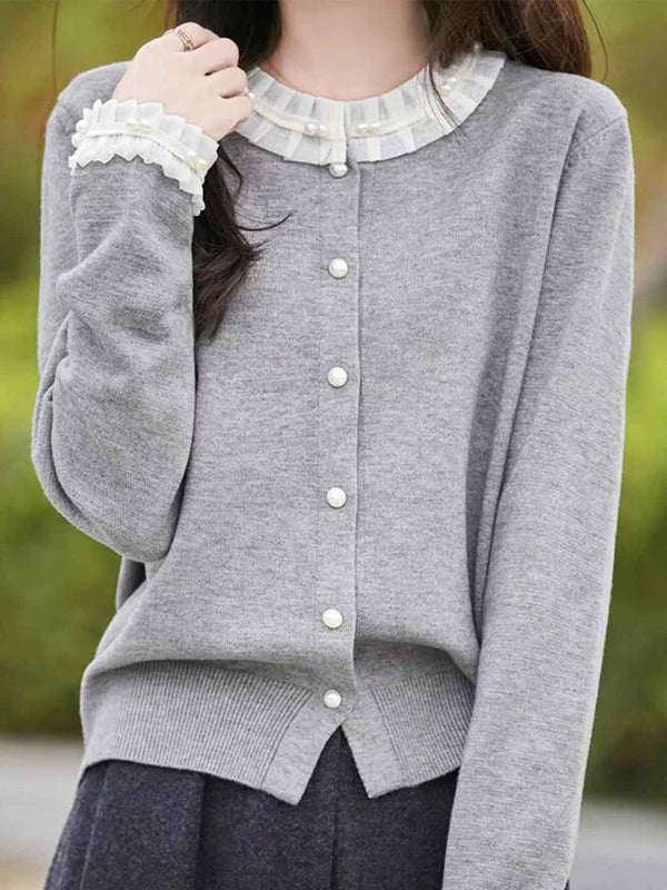 Kylie Cardigan Tricot à Manches Fleuries et Col Rond Lâche