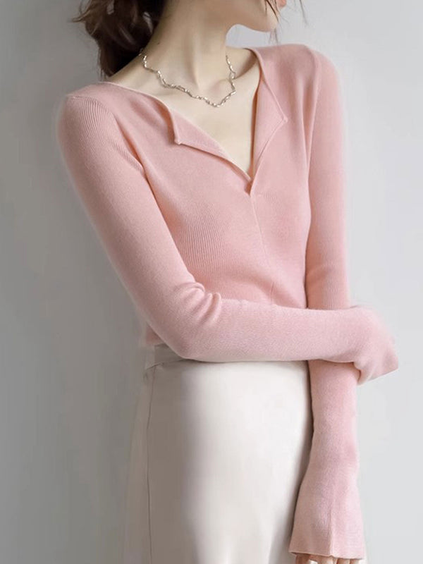 Pull en tricot uni à col en V Sophia Slim