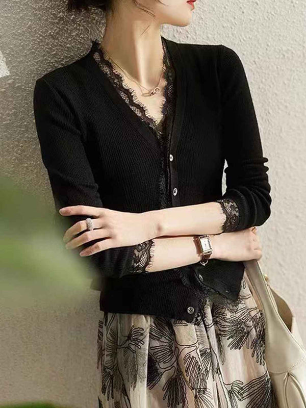 Pull en maille dentelle V-cou Charlotte Slim