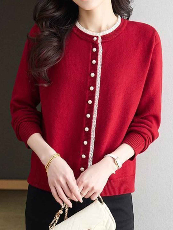 Cardigan en tricot à col rond et dentelle Emma