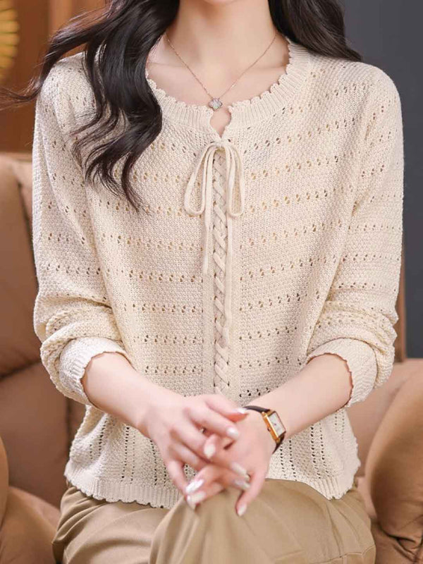 Haut Tricoté à Col Rond Lâche avec Nœud de Couleur Unie