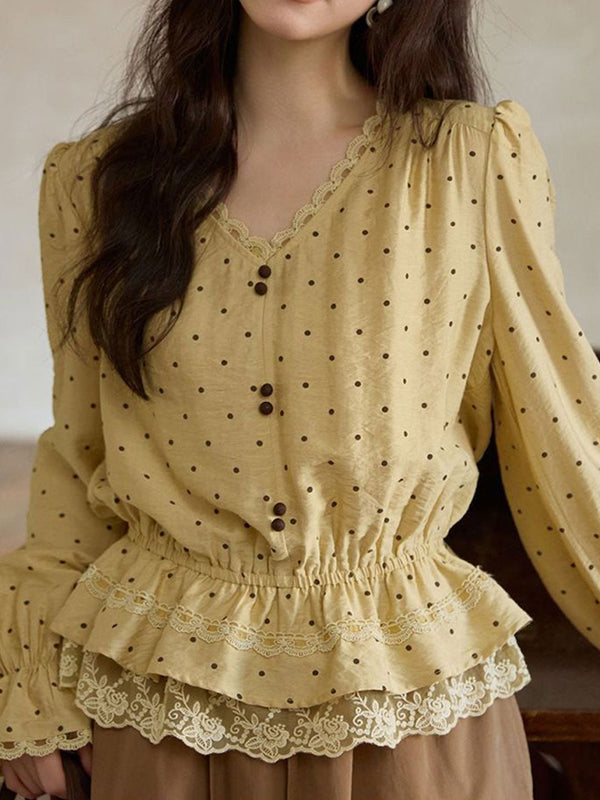 Blouse en dentelle à pois avec décolleté en V décontractée Mia