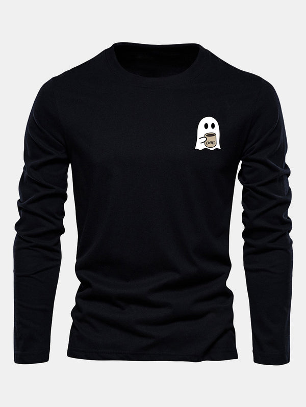 T-Shirt en Coton à Manches Longues avec Imprimé de Fantôme Café