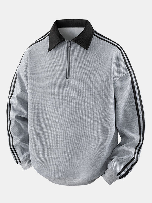 Stripe Waffle Zipper Polo Neck Sweatshirt