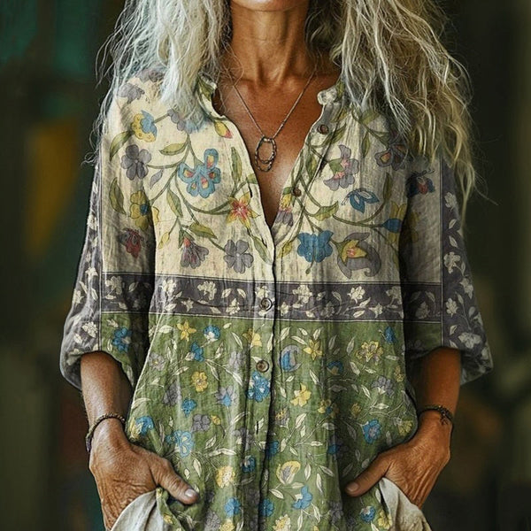 【Manches Longues】Chemisier Vintage Avec Imprimé Floral
