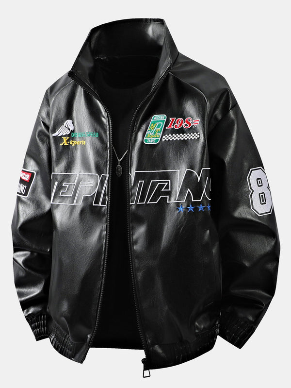 Fleece Lined Embroidery Leather Racing Jacket