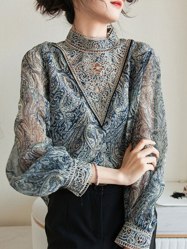 Blouse à manches ballon brodée rétro Kayla