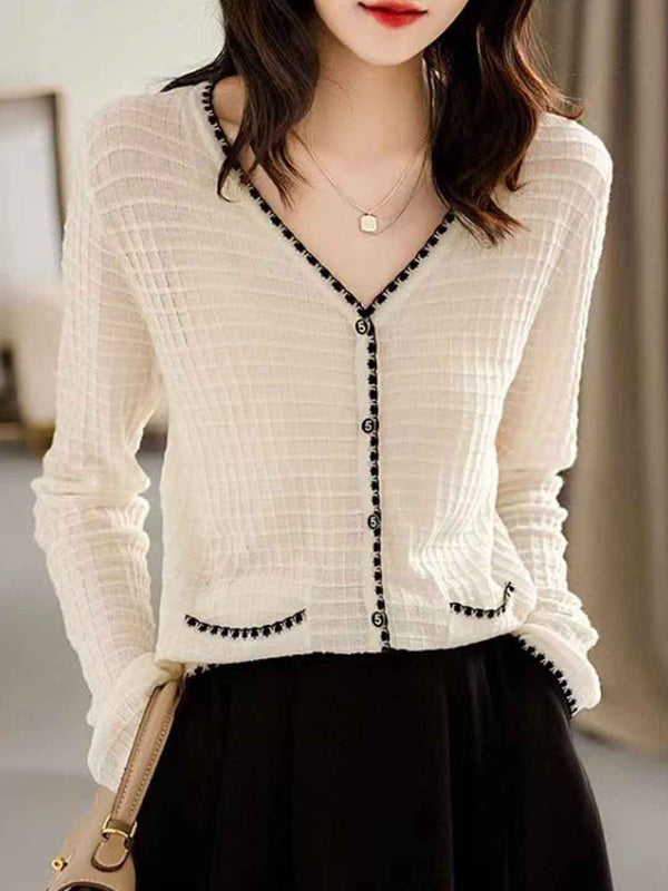 Cardigan en Tricot à Col V Classique Mariah avec Couleur Contrastée