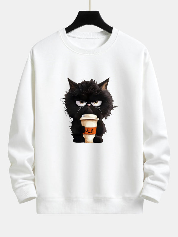 Pull décontracté avec motif de café Halloween Chat Noir