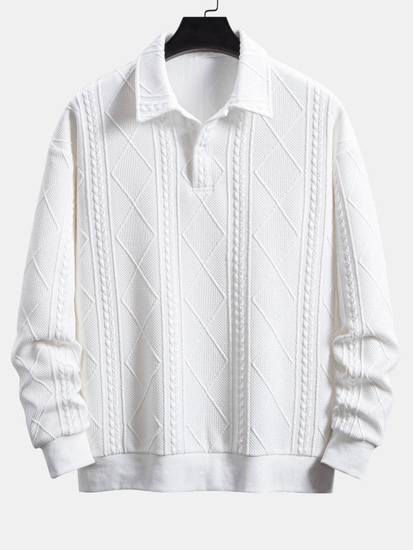 Geometric Jacquard Polo Collar Sweatshirt