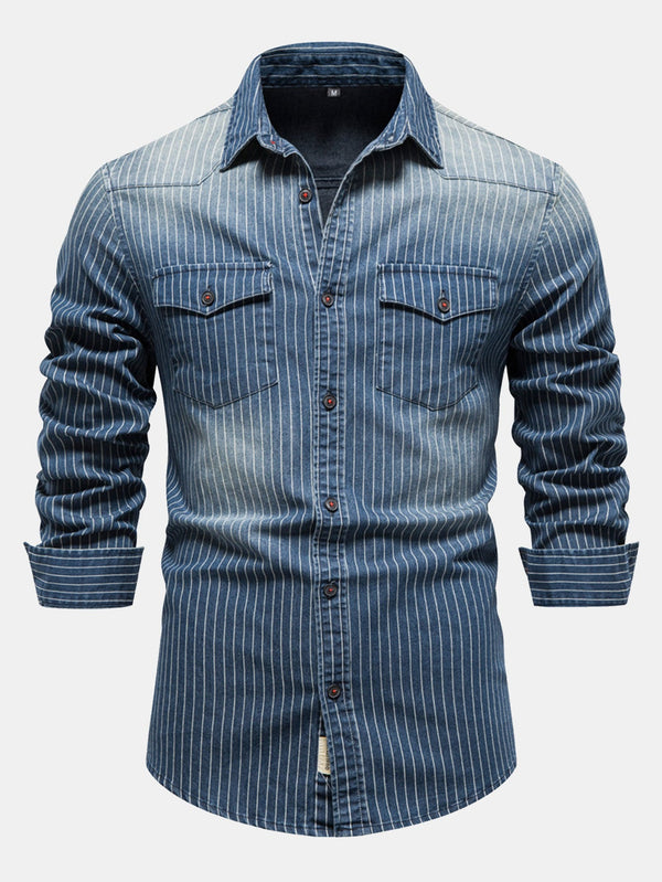 Camisa de mezclilla lavada a rayas con bolsillos