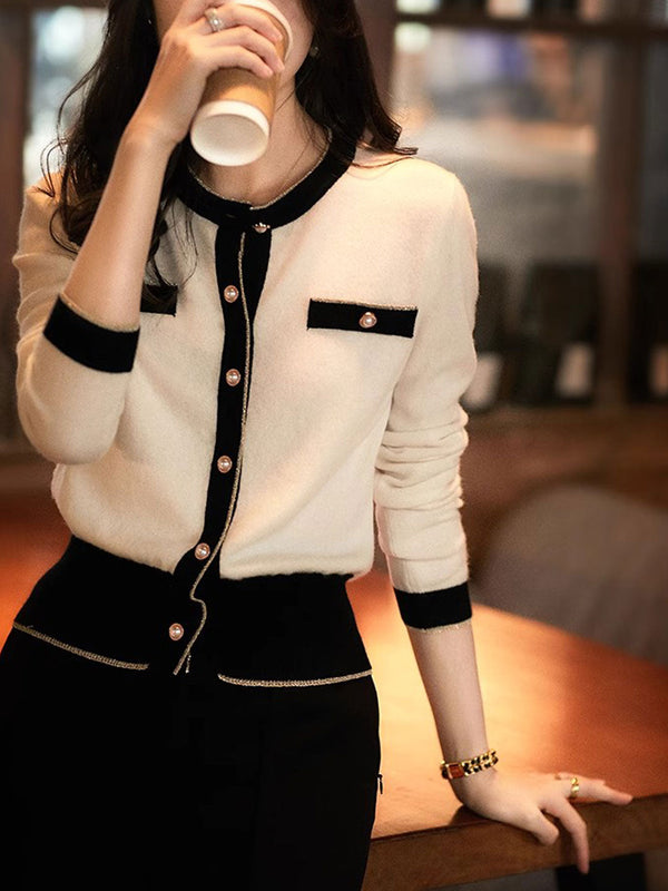 Cardigan Tricoté Classique Sophia à Col Rond Contrasté