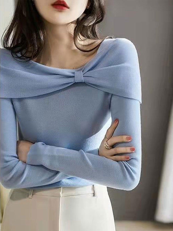 Brianna Pull Tricoté à Nœud Off-Neck - Bleu