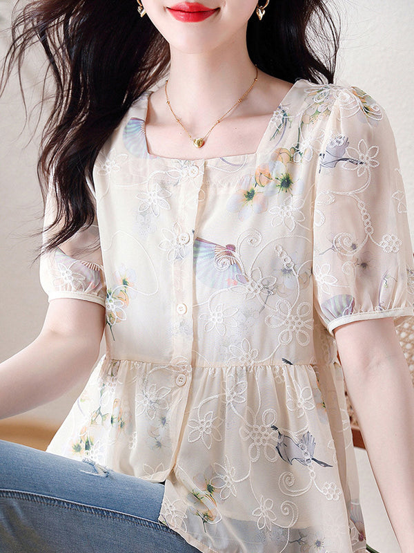 Blouse en Chiffon Imprimé à Manches Bouffantes Libres Kaitlyn