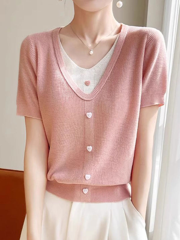 Top Tricoté Patchwork V-cou Décontracté Angelina
