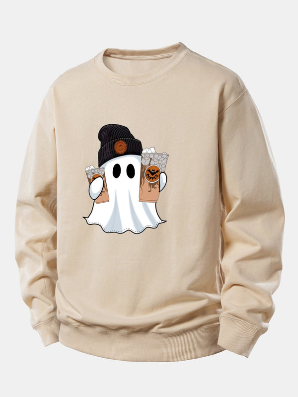 Halloween Ghost Coffee Print Relax Fit Sweatshirt