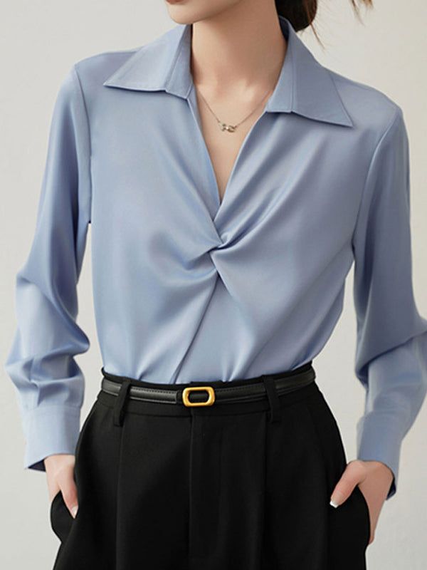 Chemise Satinée Unie à Col V Emily Loose