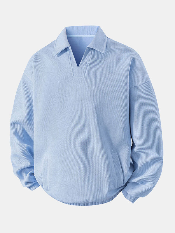 Relax Fit Wffle V Neck Polo Sweatshirt