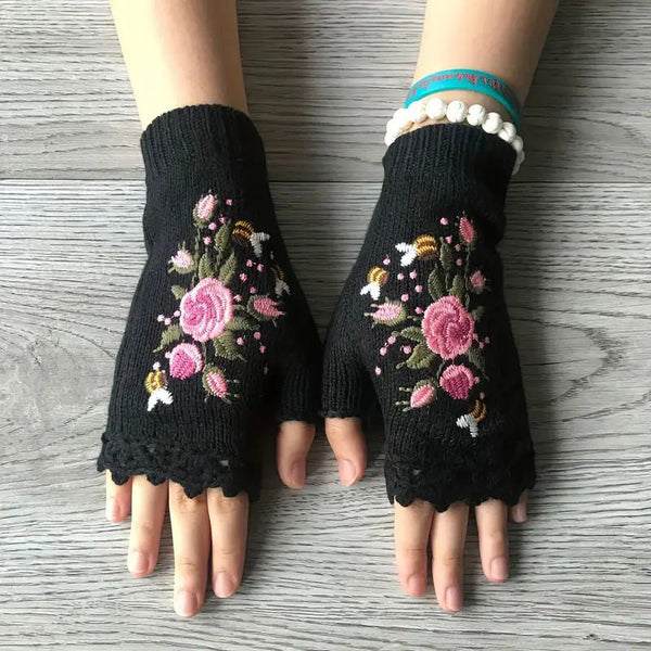Gants Chauds Avec Broderie de Fleurs