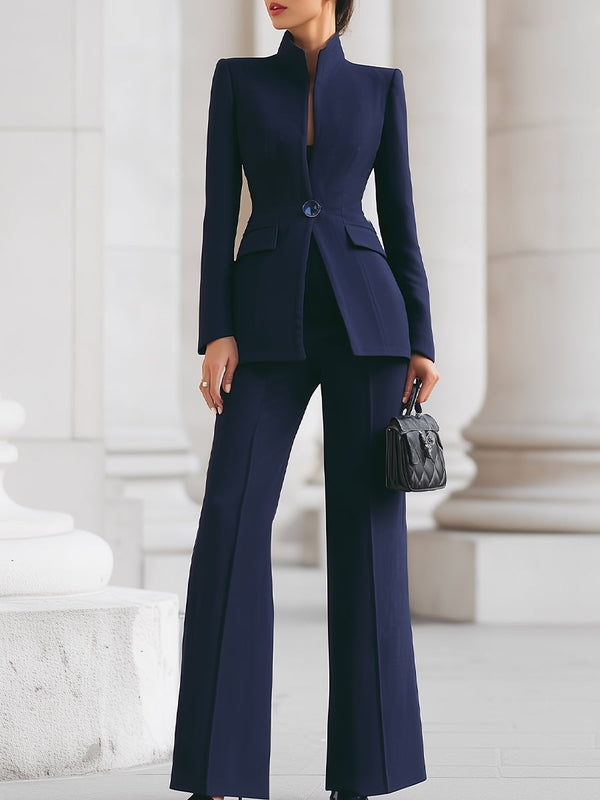 Ensemble Blazer à Col Montant Sophistiqué et Pantalons à Jambes Larges