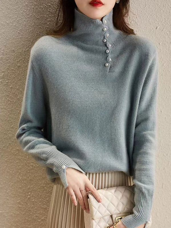 Ava Pull Tricoté à Col Roulé Boutonné Vintage - Bleu