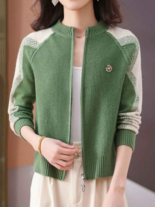 Gilet Tricot Colorblock à Col Ronde Ample - Vert