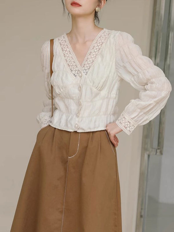 Blouse en Chiffon à Manches Lanternes et Col V Vintage Ava