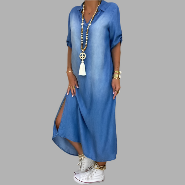 Lea™ | Longue Robe Effet Jean avec Fente Latérale