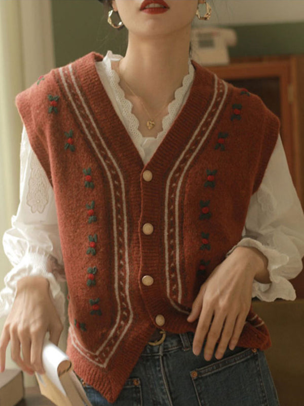 Alani Vintage Broderie Gilet Tricoté Col V - Orange