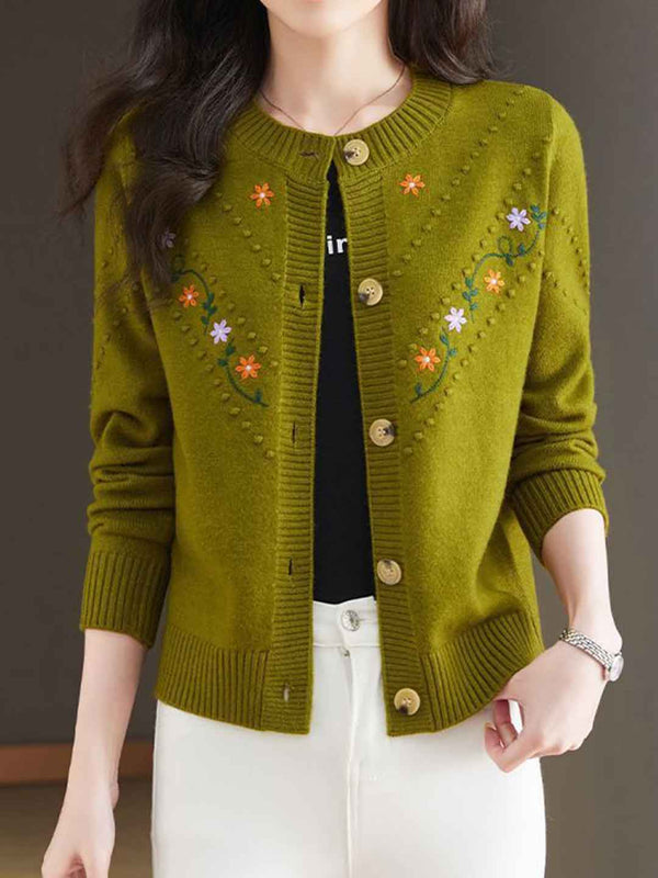 Gilet Tricoté Émbroidé Floral à Col Ronde Faith Classic