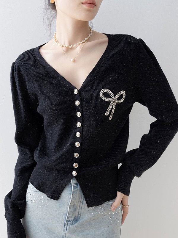 Top Tricoté Élégant V-Neck avec Diamants