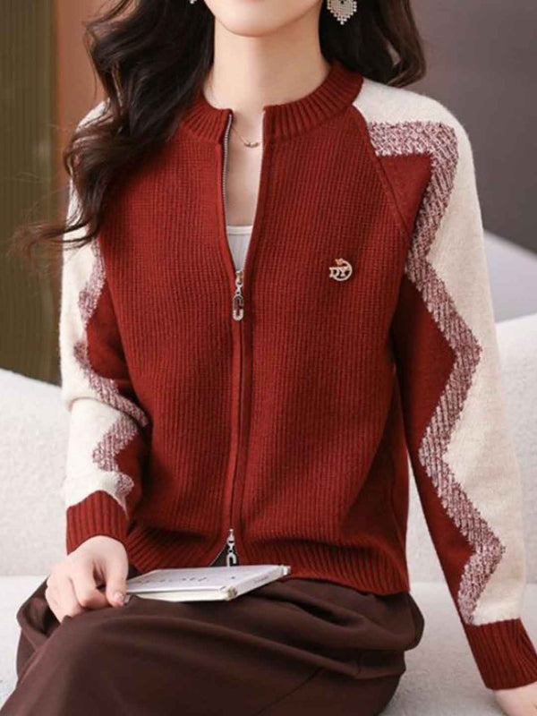 Cardigan Tricot Colorblock à Col Rond Ample - Rouge