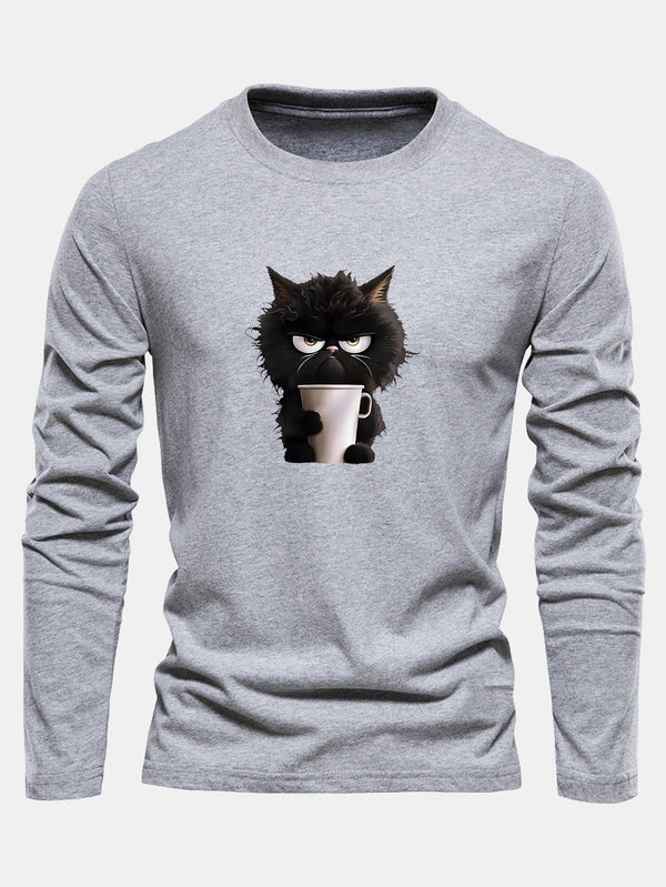 T-shirt à manches longues en coton avec motif de chat noir dégustant un café