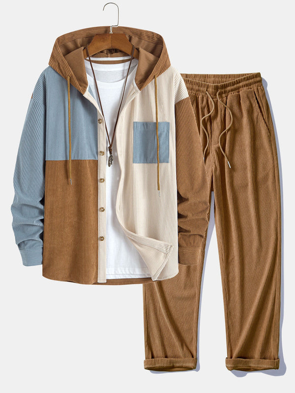 Camisa con capucha de pana en bloque de color de ajuste relajado y pantalones de pana de pierna recta