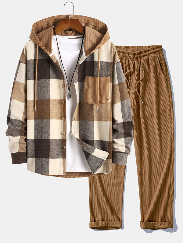 Camisa con capucha de parches de pana a cuadros de franela de ajuste relajado y pantalones de pana de pierna recta