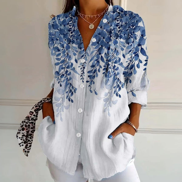 【Manches Longues】Chemisier Vintage Avec Imprimé Feuille
