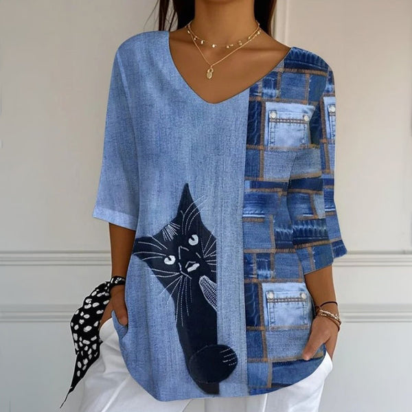 Blouse Vintage Avec Imprimé de Chats