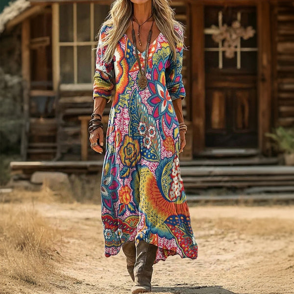 【Manches longues】Robe colorée avec imprimé floral