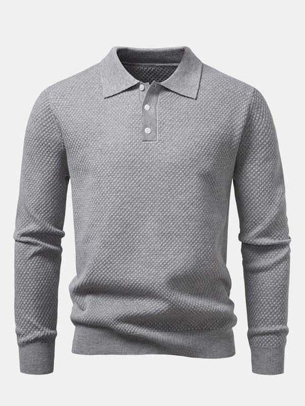 Long Sleeve Pineapple Textured Knit Polo Shirt