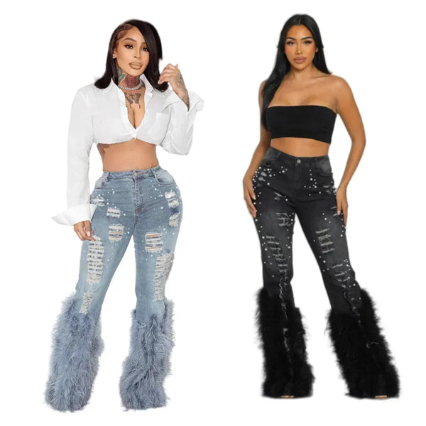 JEAN VINTAGE DÉCORÉ (PERLES/PLUMES) – STYLE COW-BOY