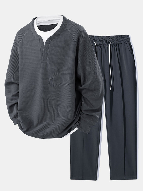 T-shirt Waffle à Manches Raglan 2 en 1 et Pantalon Droit Élastique avec Pli Simple